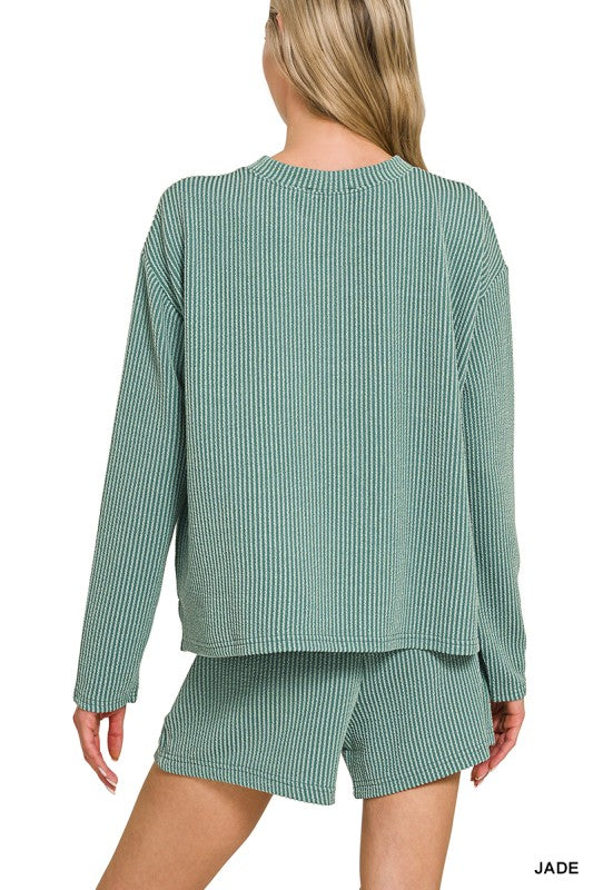 Zenana Dark Olive Corded Rib Long Sleeve Tee and Shorts Set