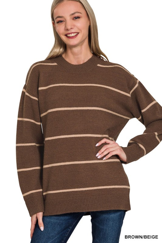 Zenana Ivory & Black Round Neck Stripe Sweater