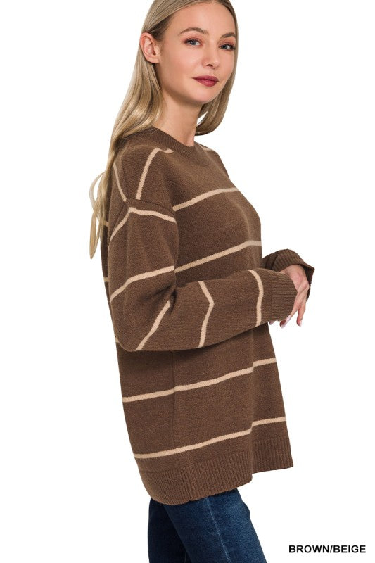 Zenana Ivory & Black Round Neck Stripe Sweater