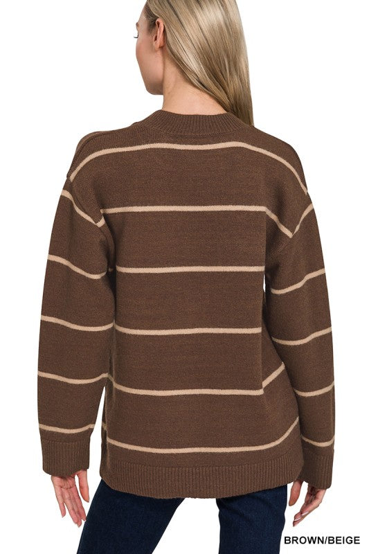Zenana Ivory & Black Round Neck Stripe Sweater