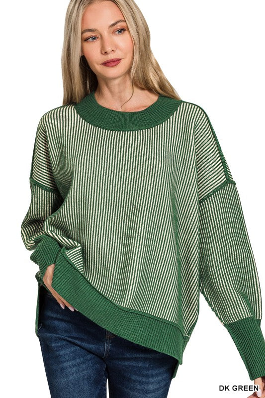 Zenana Brown Exposed Seam Two Tone Ribbed Sweater