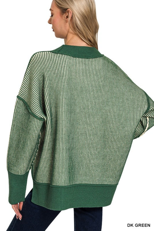 Zenana Brown Exposed Seam Two Tone Ribbed Sweater
