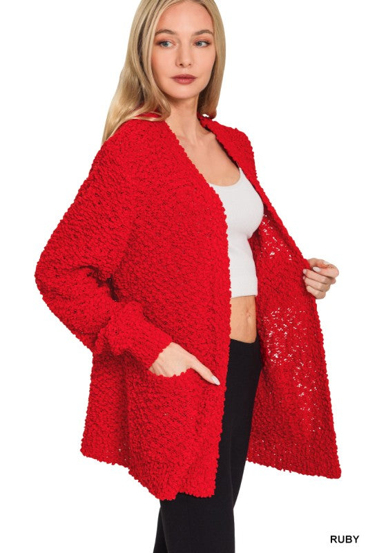 Zenana Ivory Long Sleeve Popcorn Sweater Cardigan with Pockets