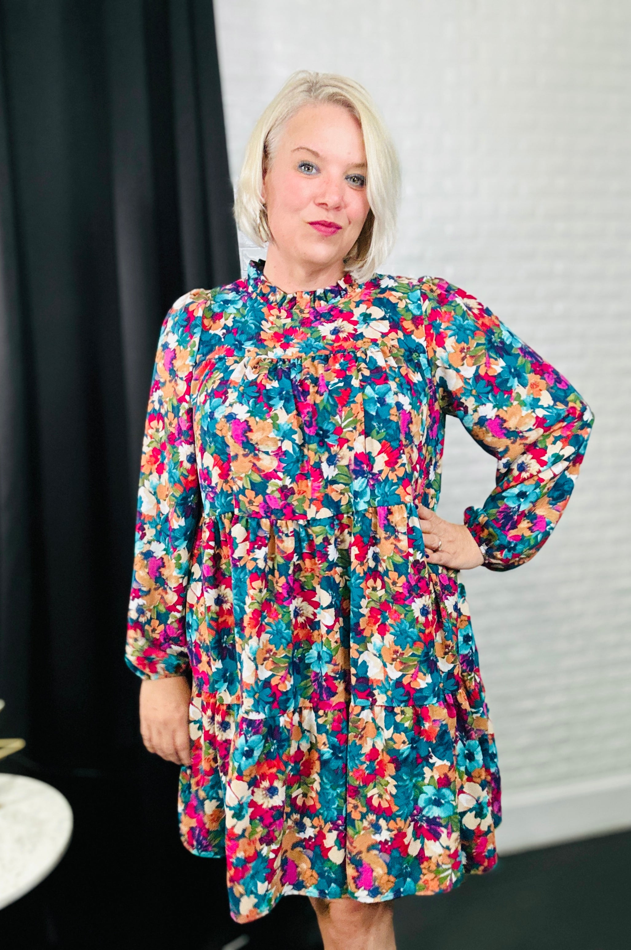 Haptics Teal & Berry Mock Neck Watercolor Floral Dress