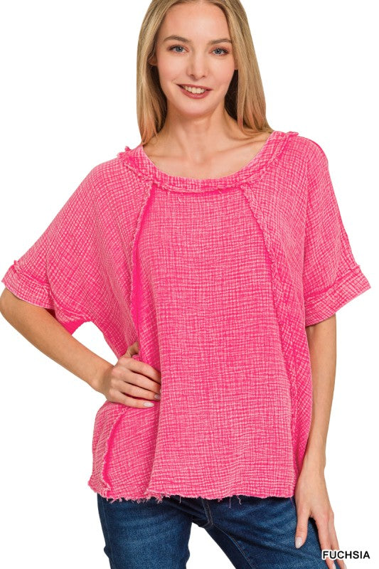 Zenana Light Teal Washed Double Gauze Exposed Seam Raglan Short Sleeve Top