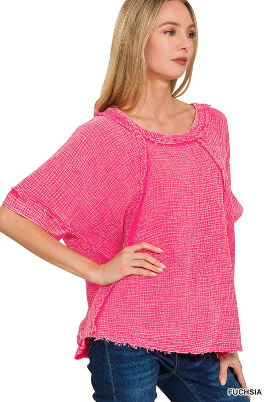 Zenana Light Teal Washed Double Gauze Exposed Seam Raglan Short Sleeve Top