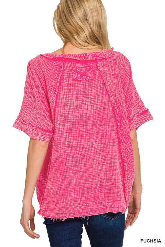 Zenana Light Teal Washed Double Gauze Exposed Seam Raglan Short Sleeve Top