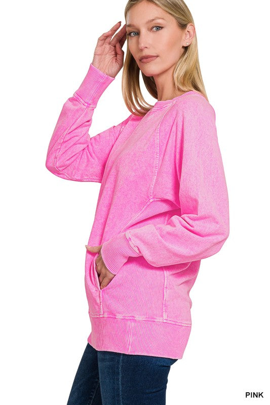 Zenana Kelly Green Washed Halo Snow French Terry Round Neck Sweatshirt