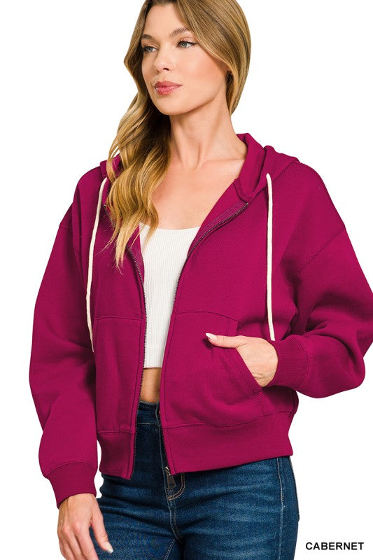 Zenana Cocoa Fleece Cropped Zip-up Hoodie with Pockets