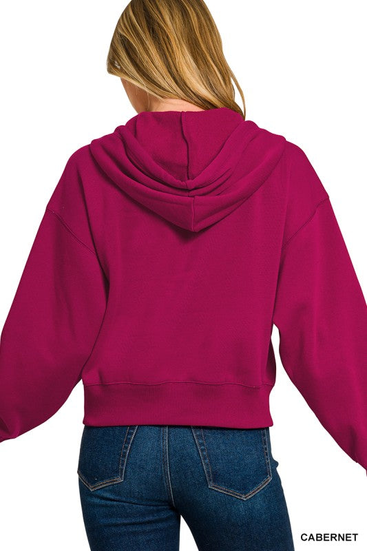 Zenana Cocoa Fleece Cropped Zip-up Hoodie with Pockets