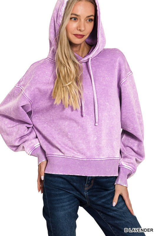 Zenana Mauve Acid Wash Fleece Drawstring Cropped Hoodie