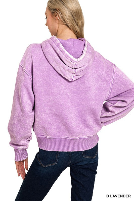 Zenana Mauve Acid Wash Fleece Drawstring Cropped Hoodie