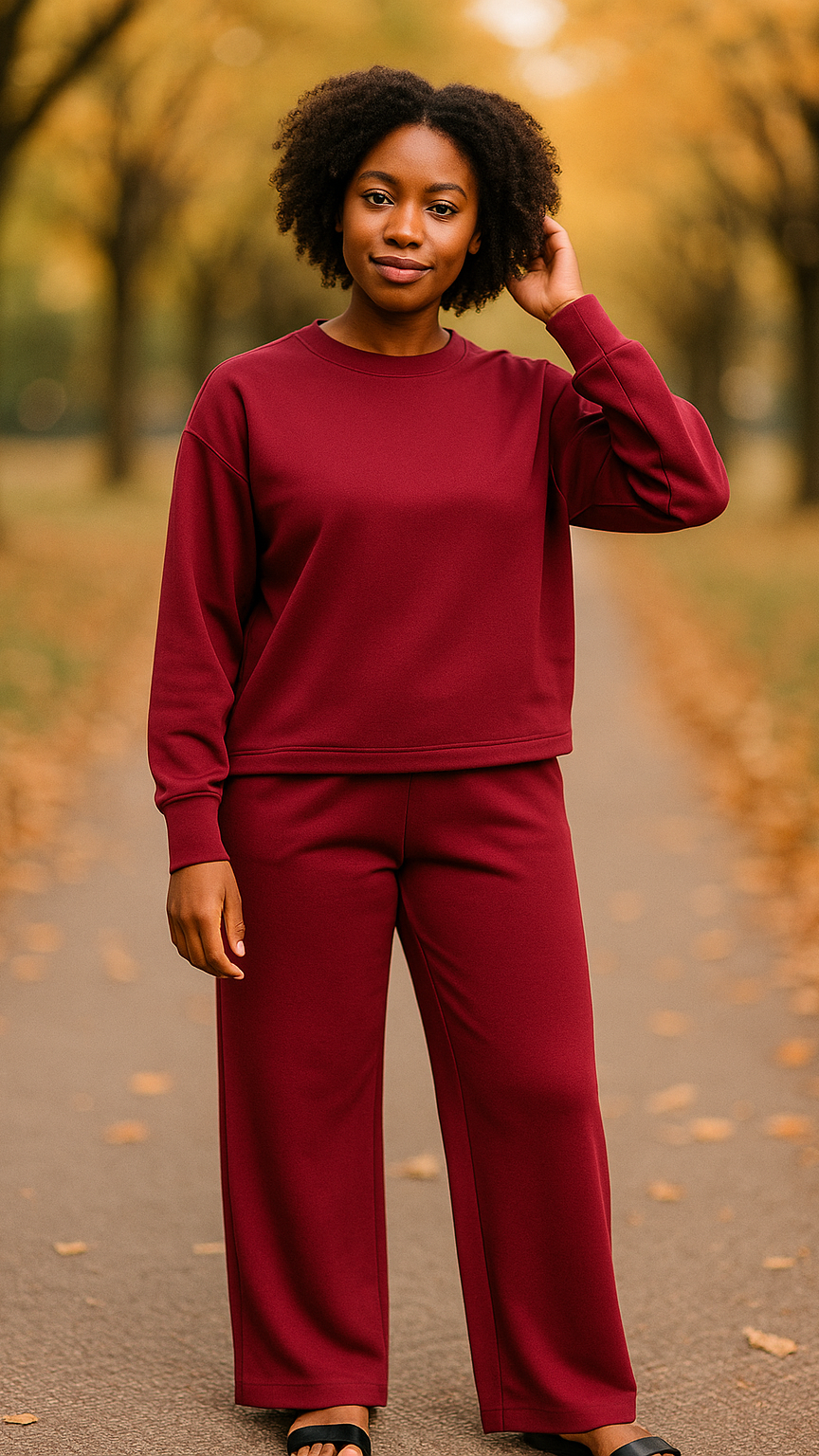 Zenana Cabernet Scuba Crewneck Long Sleeve Sweatshirt and Pants Set CABERNET