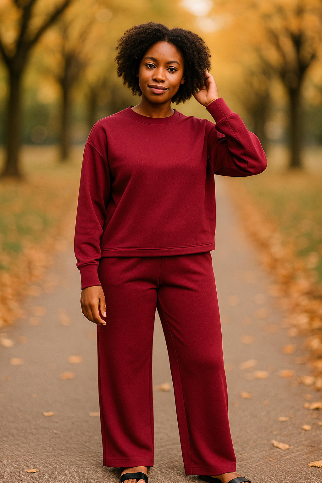 Zenana Cabernet Scuba Crewneck Long Sleeve Sweatshirt and Pants Set CABERNET