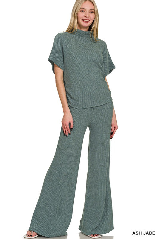 Zenana Dusty Blue Sweater Mock Neck Top & Long Pants Set