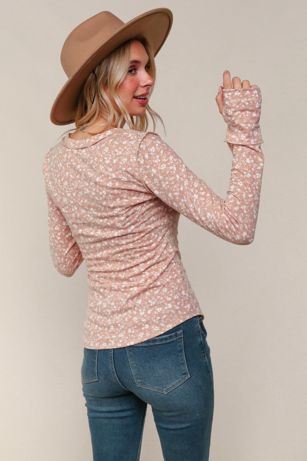 Haptics Floral Print Banded Long Sleeve Top with Thumbholes