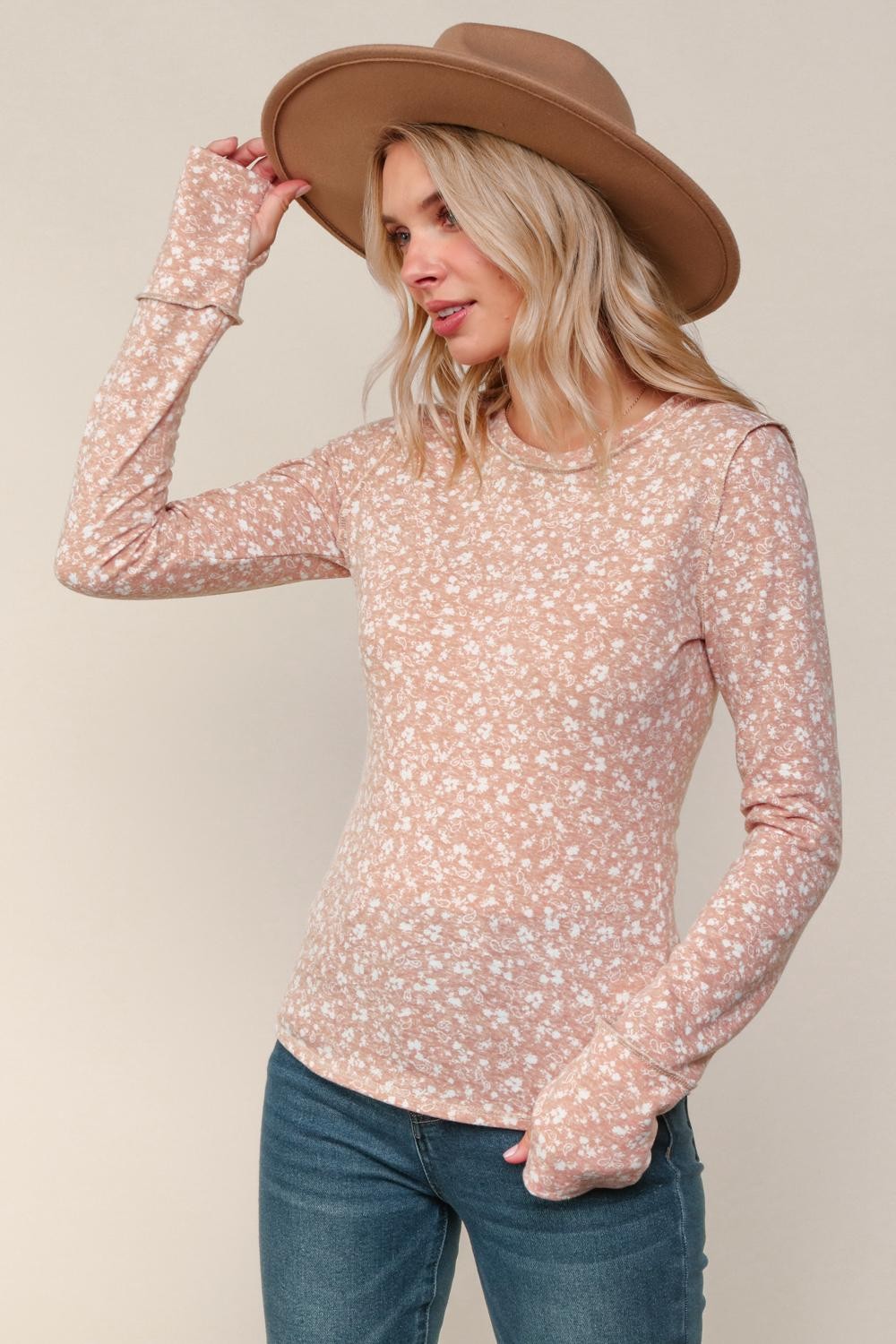 Haptics Floral Print Banded Long Sleeve Top with Thumbholes
