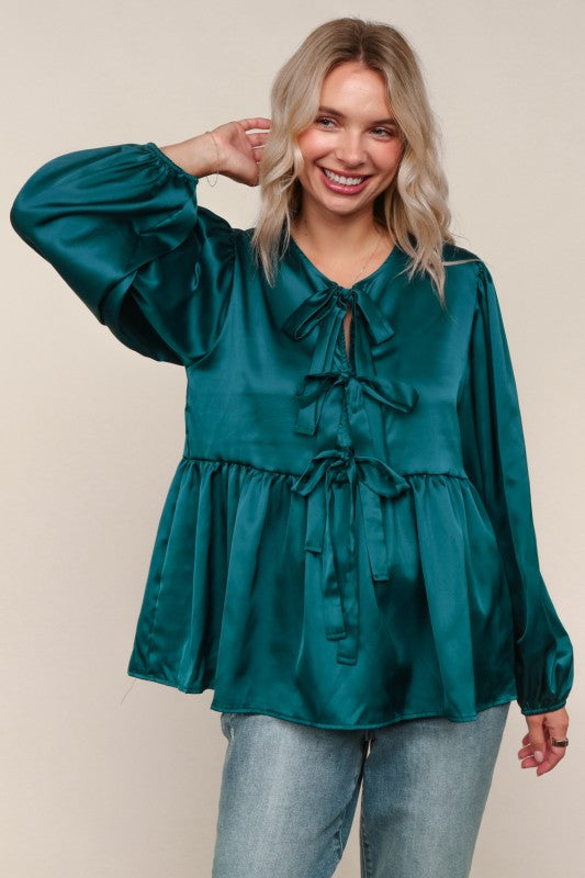 Haptics Babydoll Teal With Front Ribbon Bow Tie Blouse
