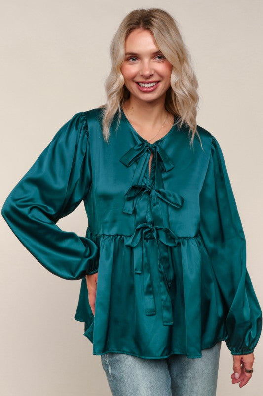 Haptics Babydoll Teal With Front Ribbon Bow Tie Blouse