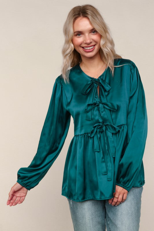 Haptics Babydoll Teal With Front Ribbon Bow Tie Blouse