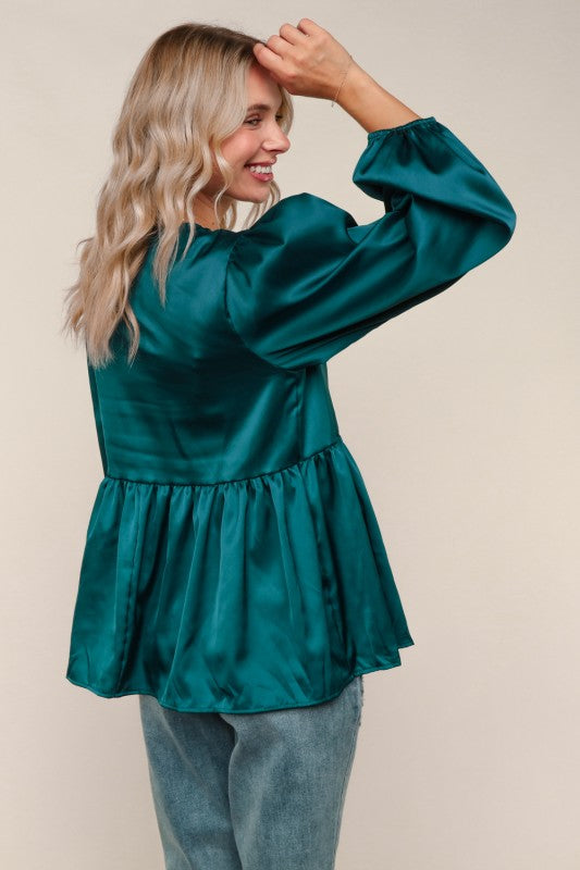 Haptics Babydoll Teal With Front Ribbon Bow Tie Blouse