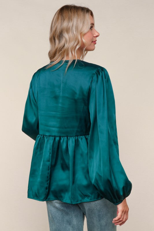 Haptics Babydoll Teal With Front Ribbon Bow Tie Blouse