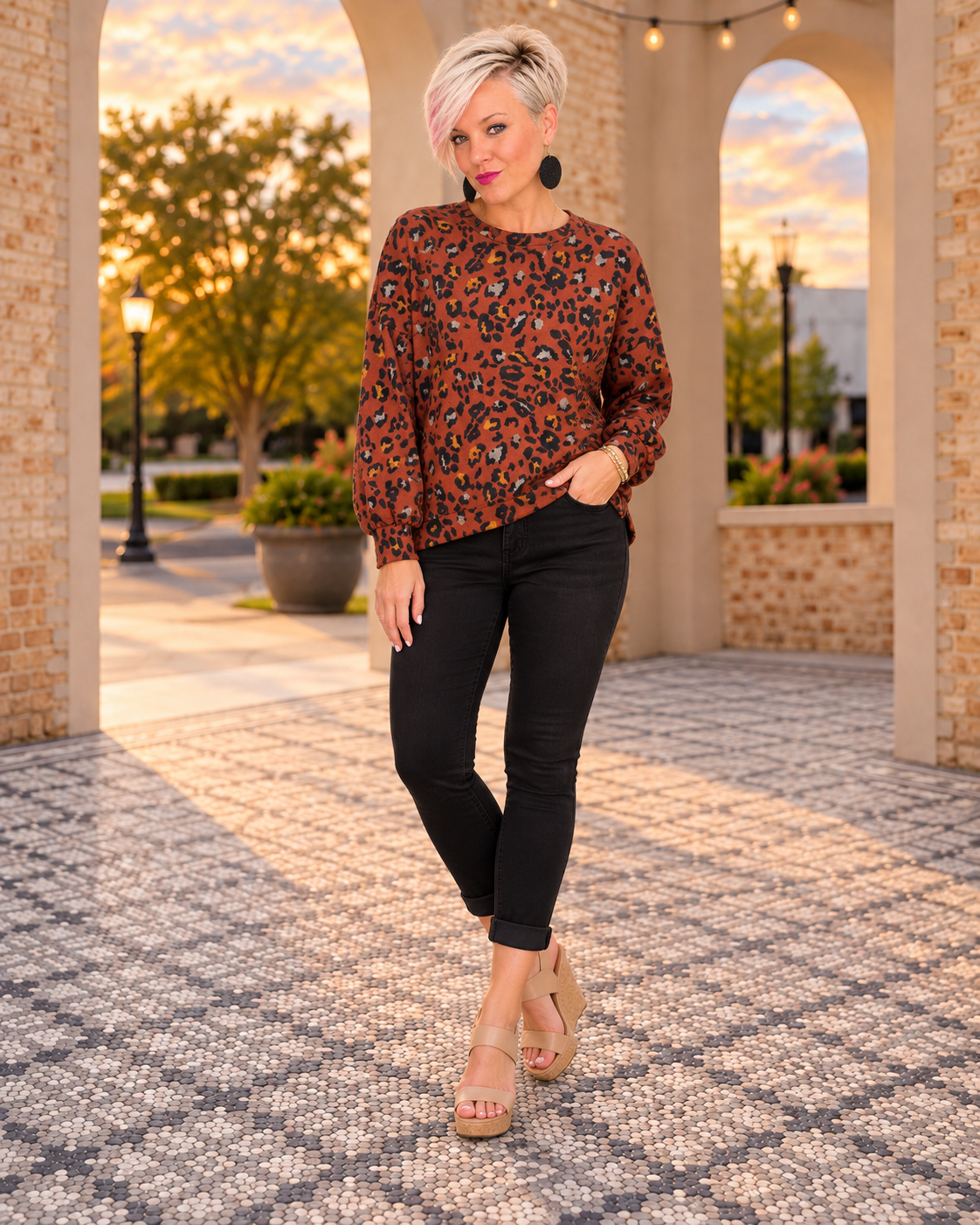 Haptics Wild One Rust Leopard Bubble Long Sleeve Top Tops