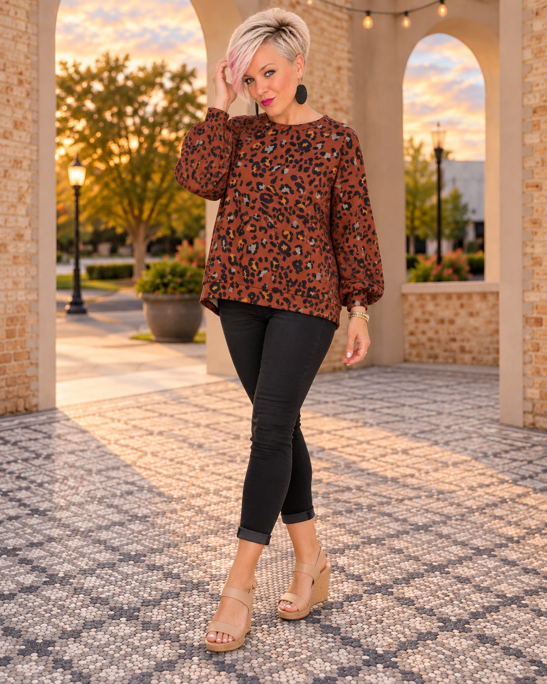 Haptics Wild One Rust Leopard Bubble Long Sleeve Top Tops