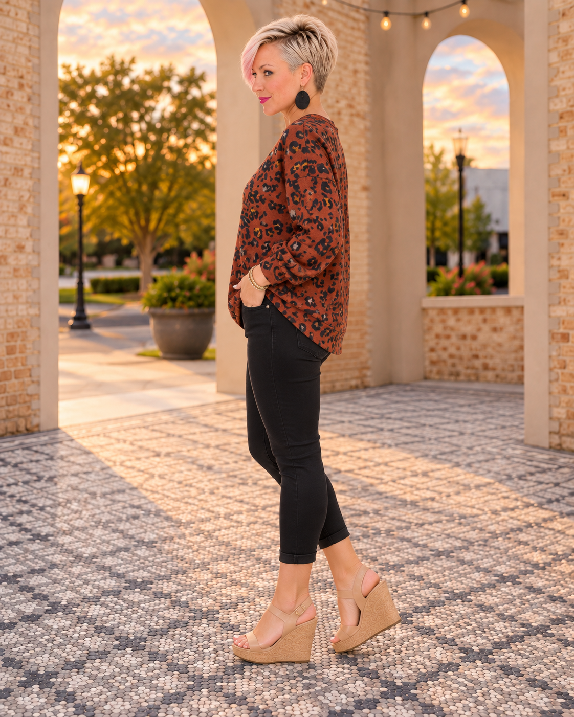 Haptics Wild One Rust Leopard Bubble Long Sleeve Top Tops