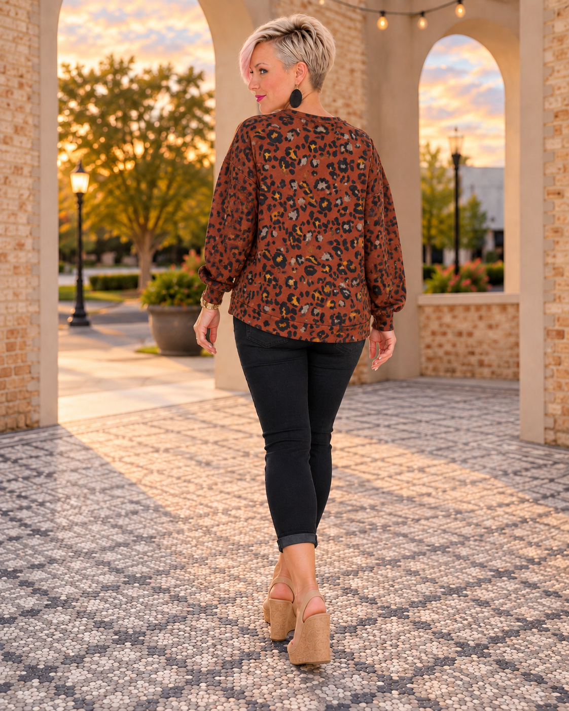 Haptics Wild One Rust Leopard Bubble Long Sleeve Top Tops