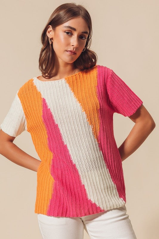 SO ME Lavender & Magenta Boat Neck Multi Colored Lightweight Sweater Top