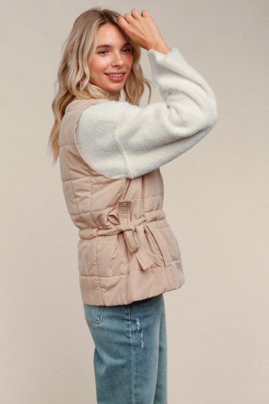 Haptics High Nevk Quilted Zip Up Tan Puffer Vest