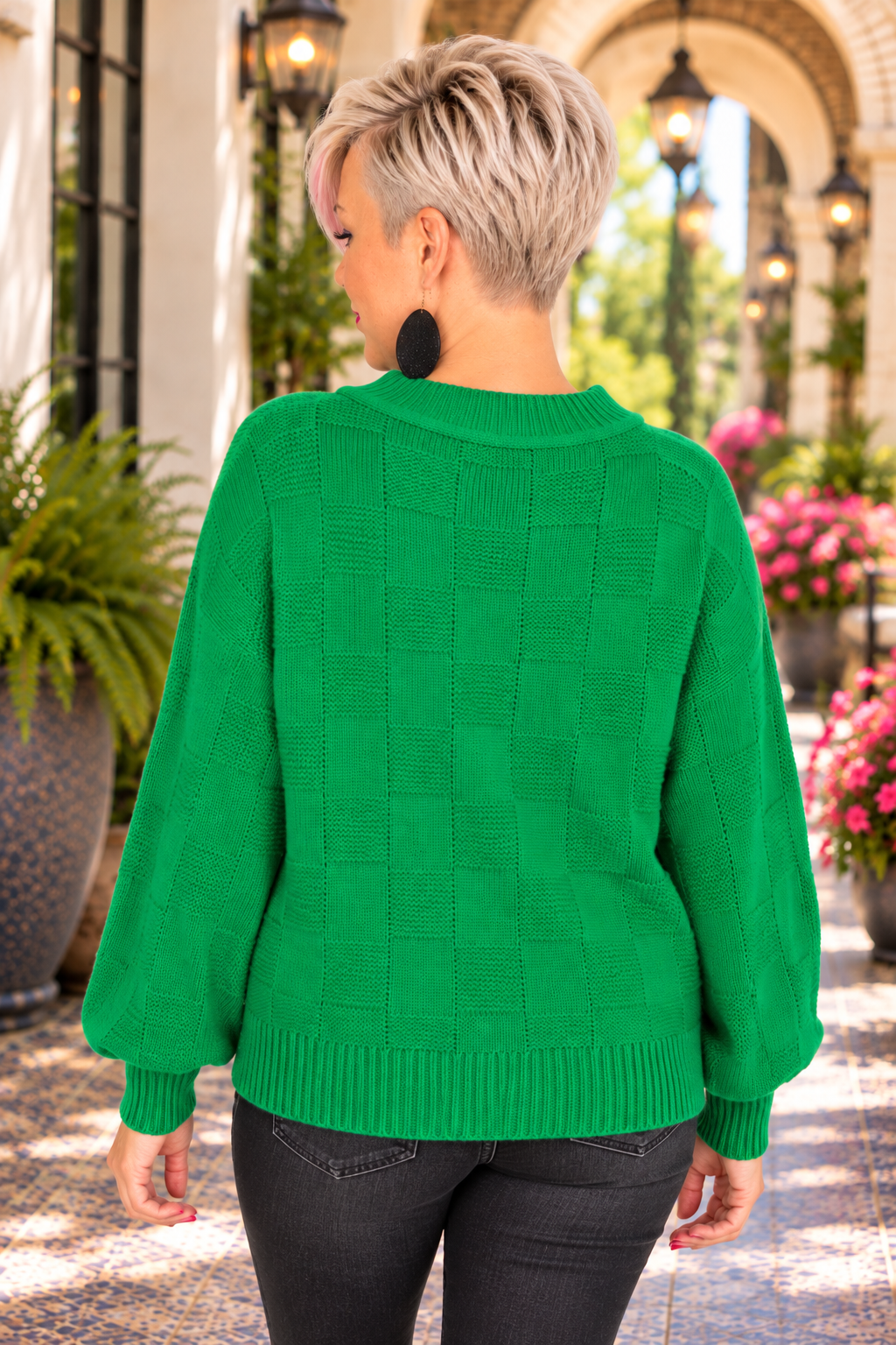 Jodifl A Song to Sing Monochromatic Checkered Sweater Knit Pullover Tops