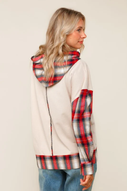 Haptics Cream + Plaid Check Color Block Star Patchwork Hoodie
