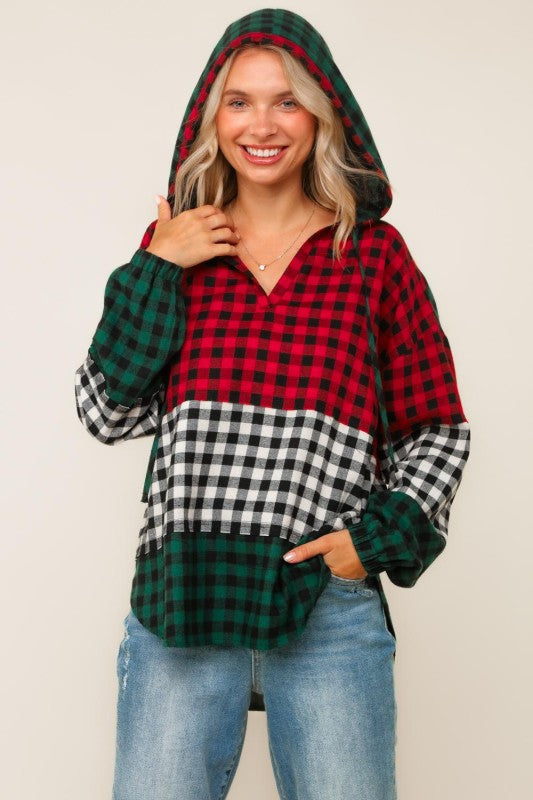 Haptics Color Block Plaid Woven Top with Hoodie