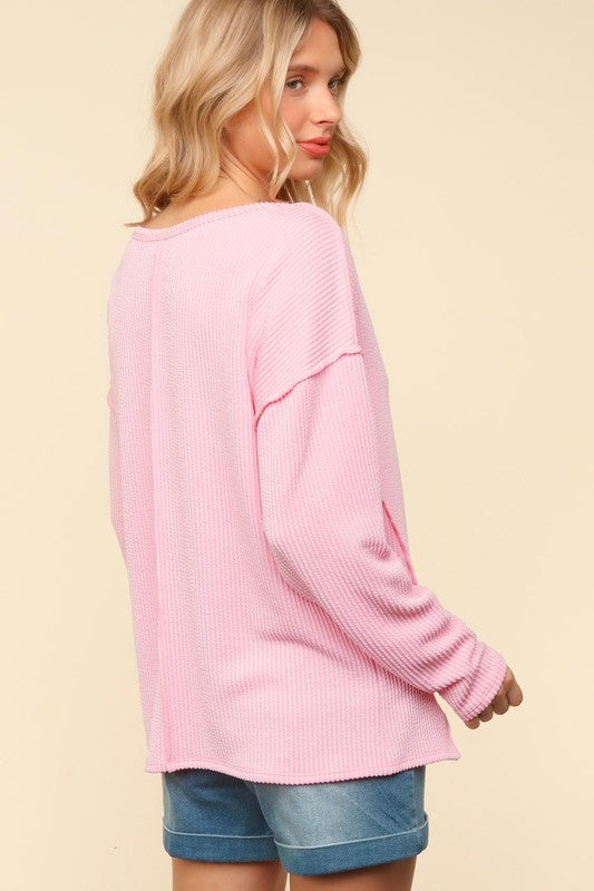 Haptics Notch Neck Pink Pocket Drop Shoulder Ribbed Top