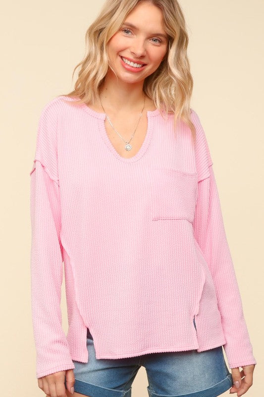 Haptics Notch Neck Pink Pocket Drop Shoulder Ribbed Top