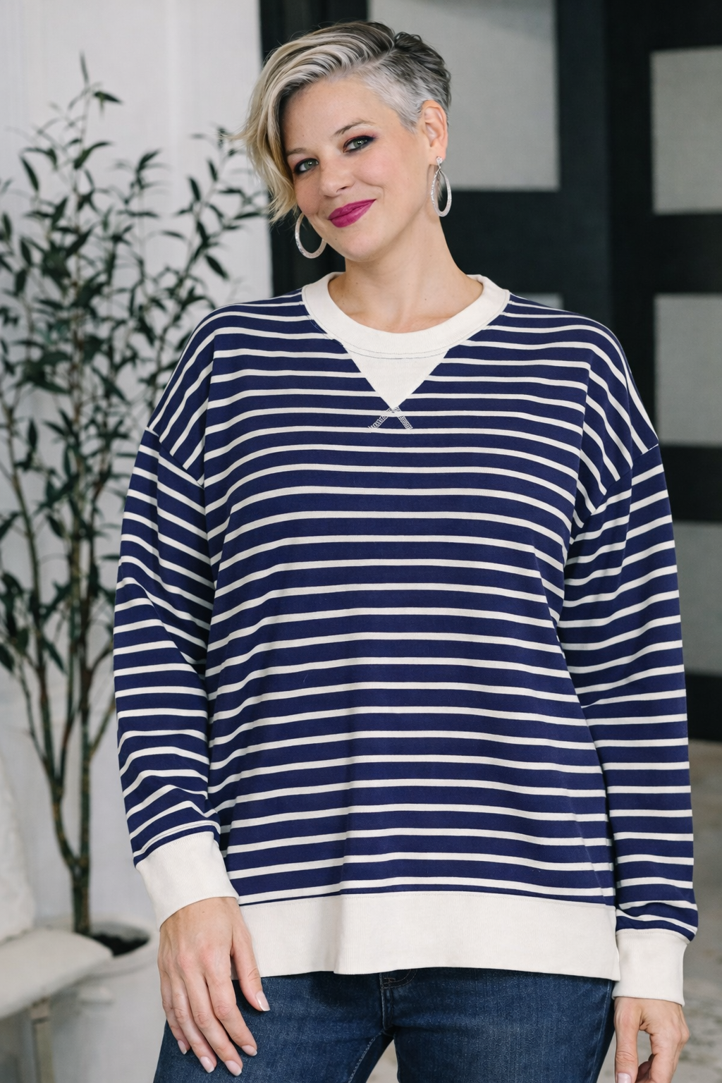 Zenana Navy Contrast Striped Round Neck Sweatshirt NAVY