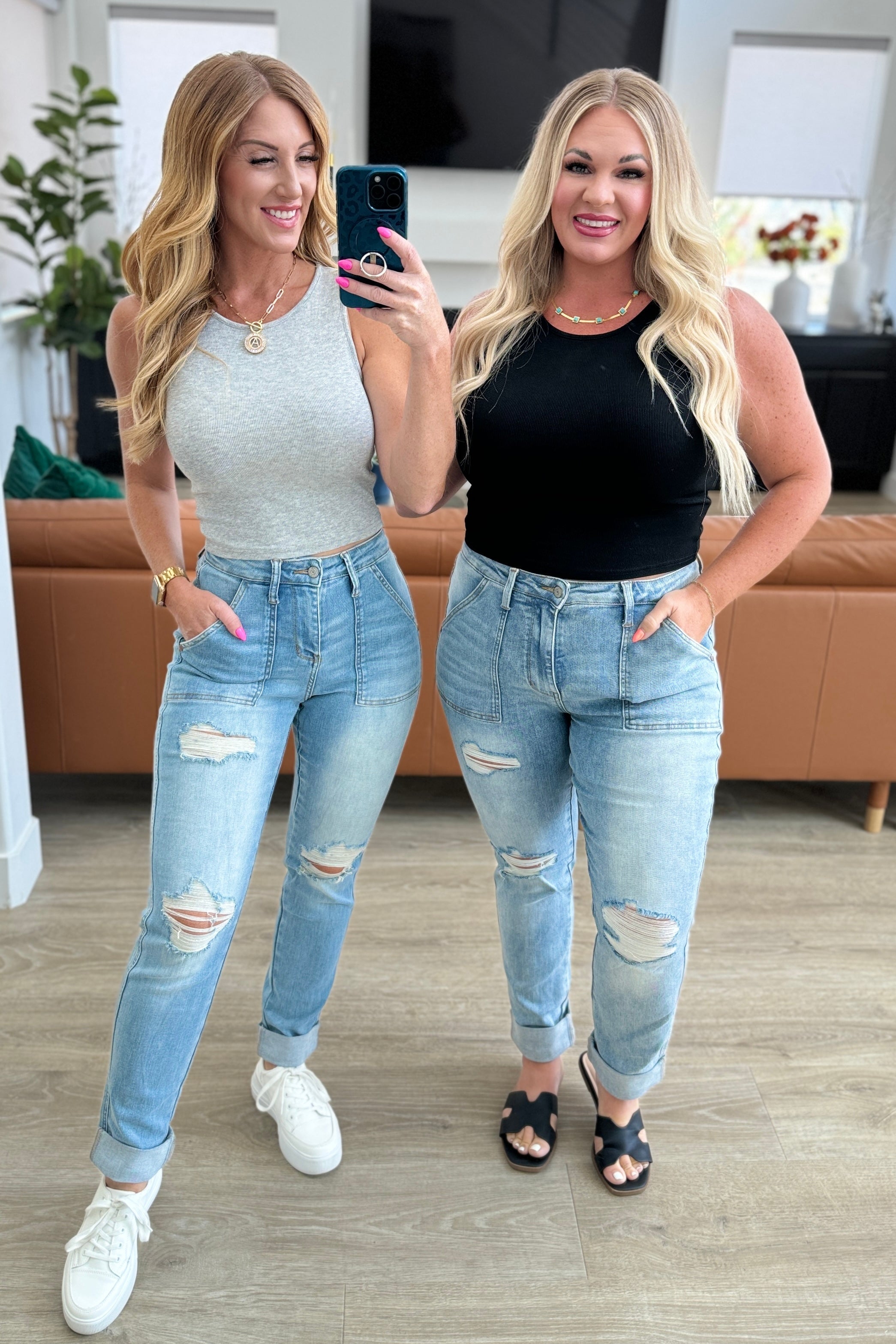 Judy Blue Aiden High Rise Patch Pocket Distressed Boyfriend Jeans Denim