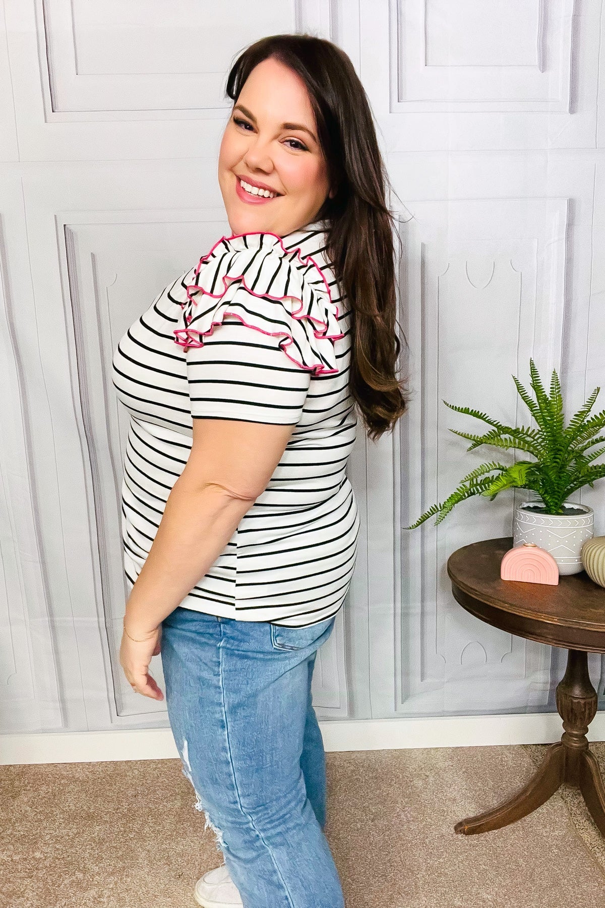Haptics Get To It Ivory & Pink Merrow Stitch Ruffle Sleeve Stripe Top