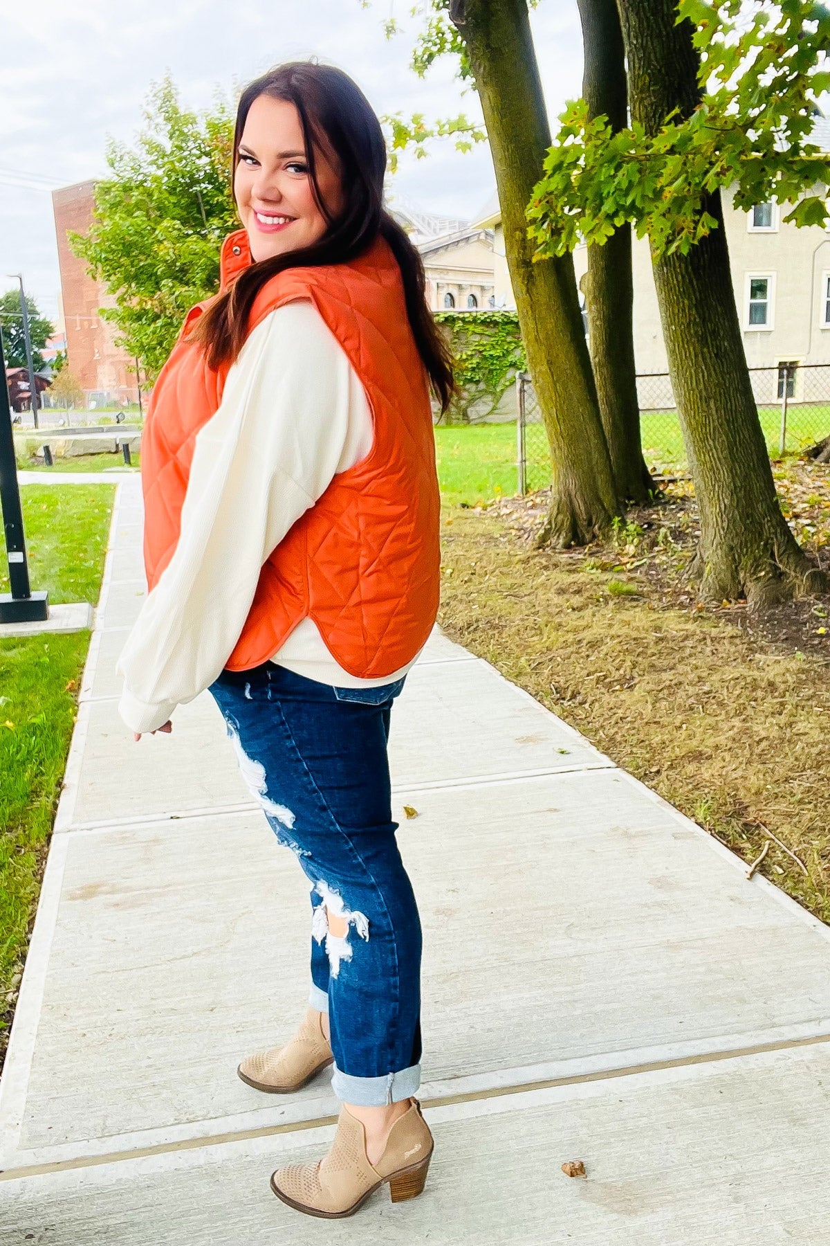 Haptics Weekend Ready Rust High Neck Snap Button Quilted Puffer Vest