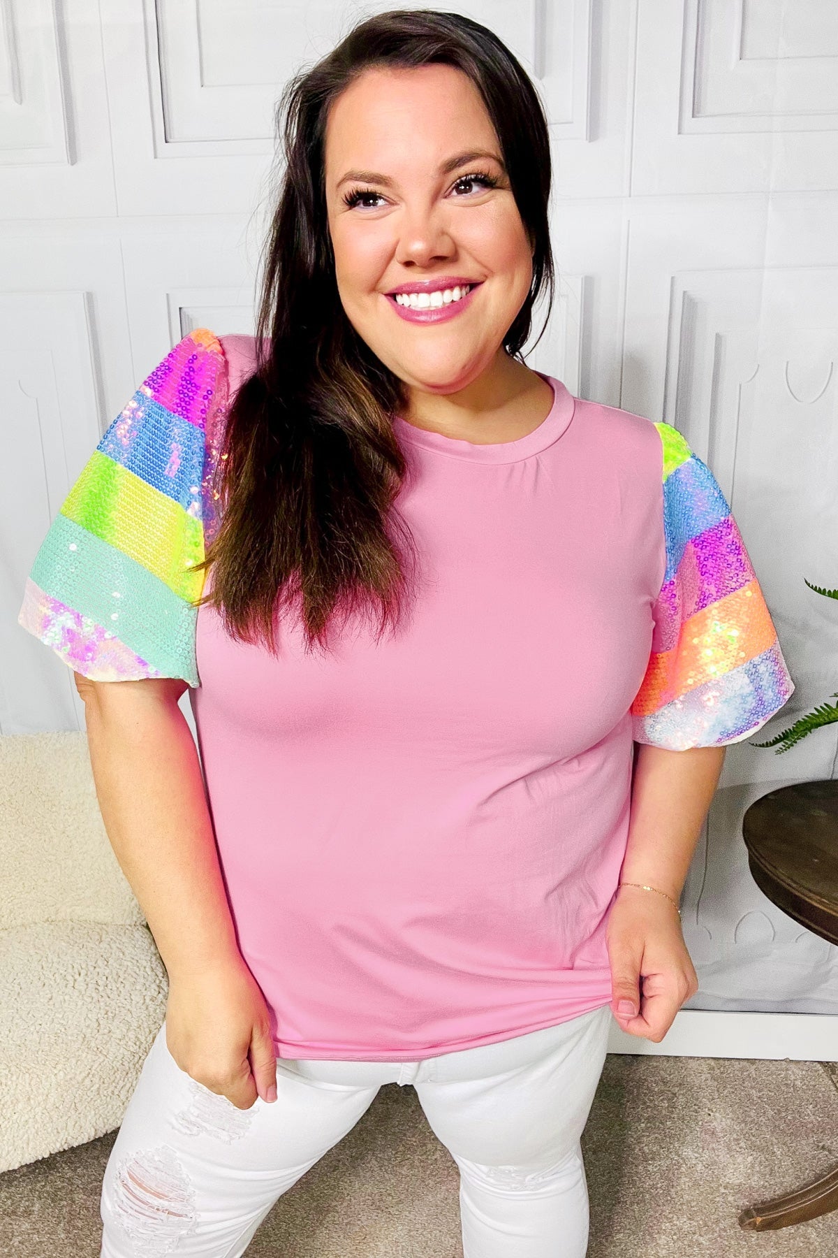 Haptics Stand Out Pink Rainbow Sequin Puff Sleeve Top