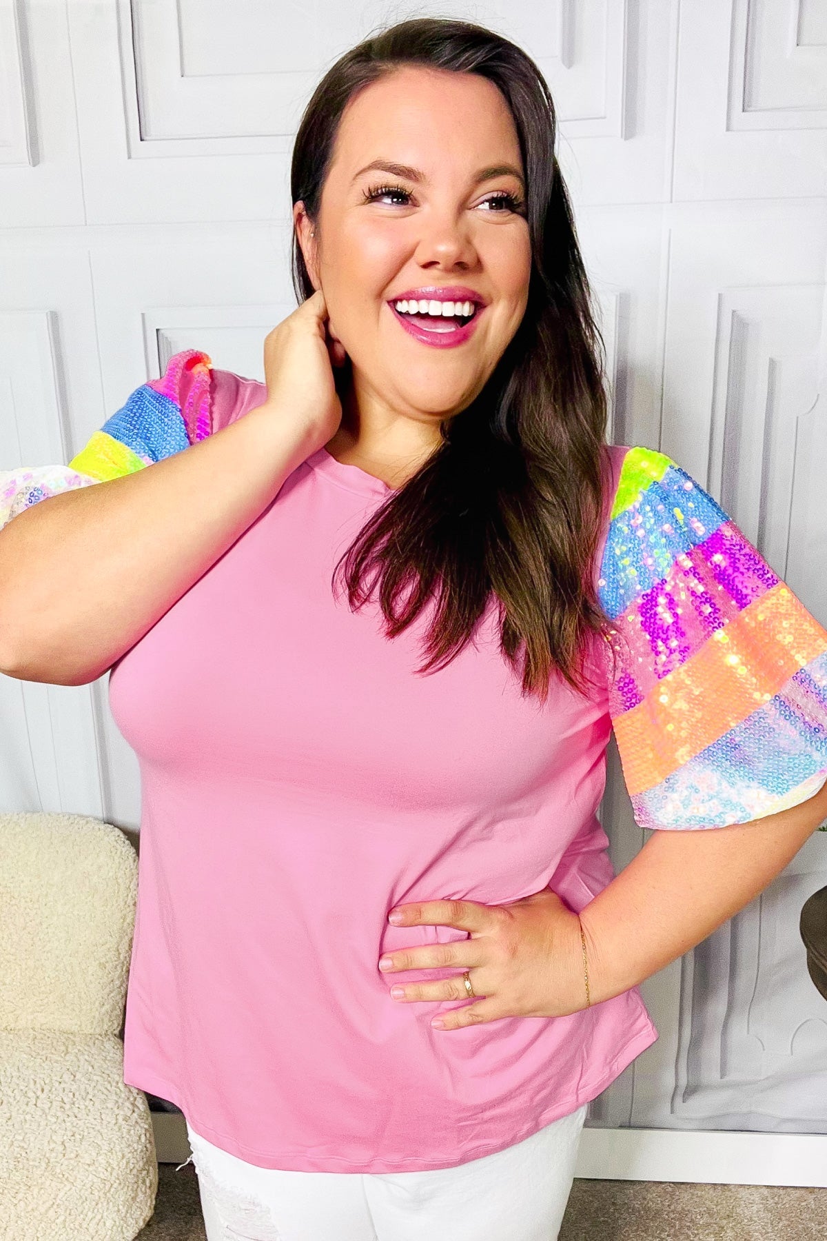Haptics Stand Out Pink Rainbow Sequin Puff Sleeve Top