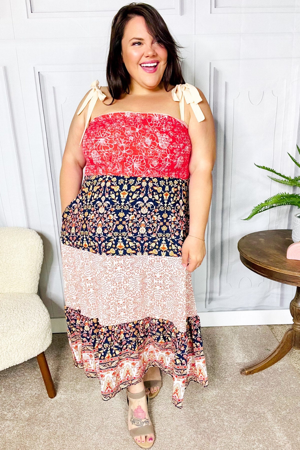 Haptics Fall Vacay Vibes Orange Floral Smocked Tube Top Tiered Maxi Dress Dresses