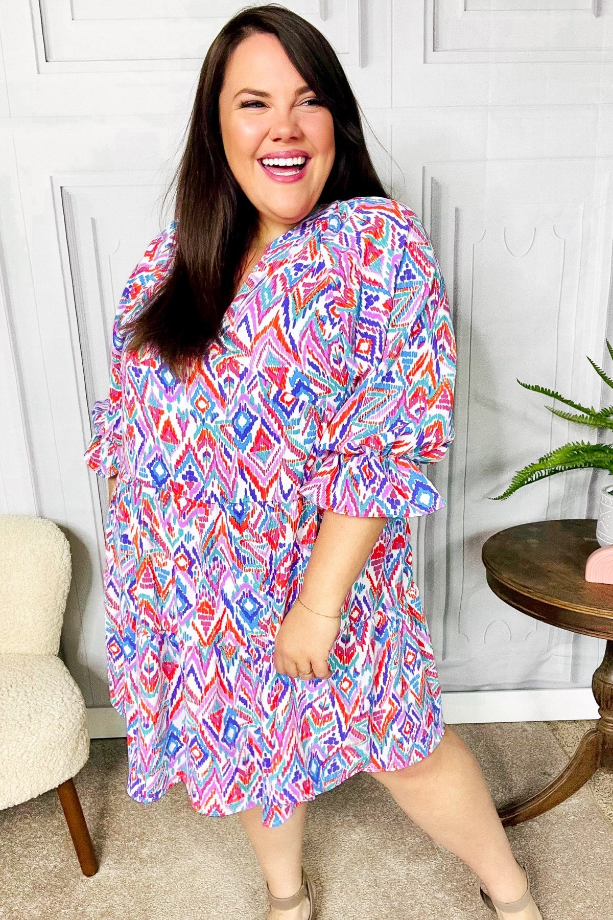 Haptics Love Found Blue & Lavender Ikat Print V Neck Dress Final Sale 2024 Summer Blow Out Sale