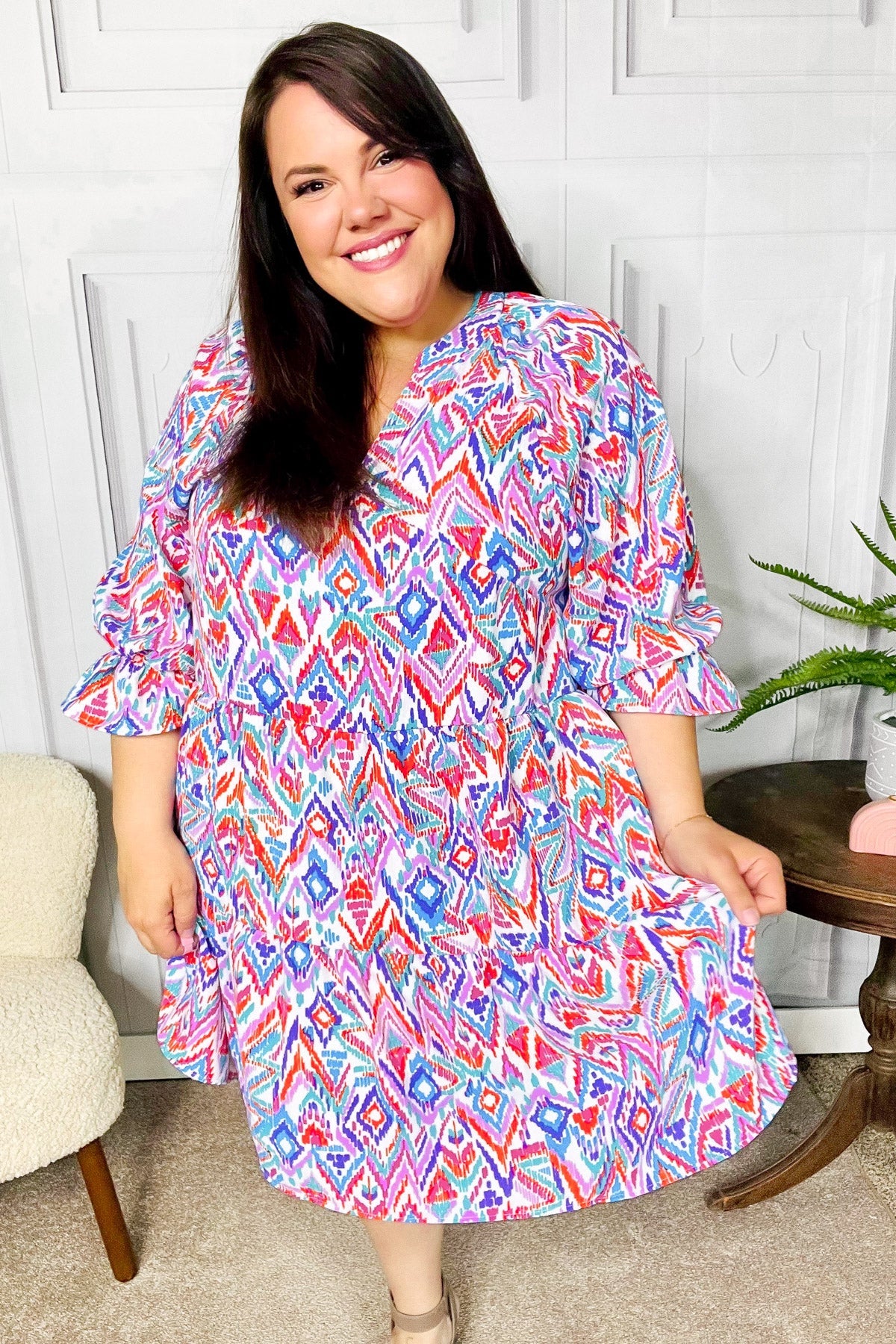 Haptics Love Found Blue & Lavender Ikat Print V Neck Dress Final Sale 2024 Summer Blow Out Sale