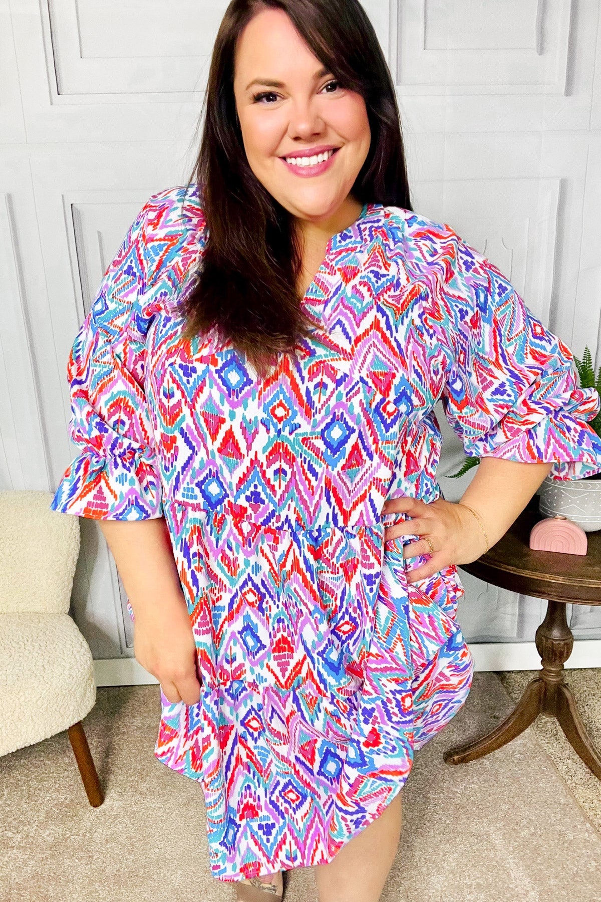 Haptics Love Found Blue & Lavender Ikat Print V Neck Dress Final Sale 2024 Summer Blow Out Sale