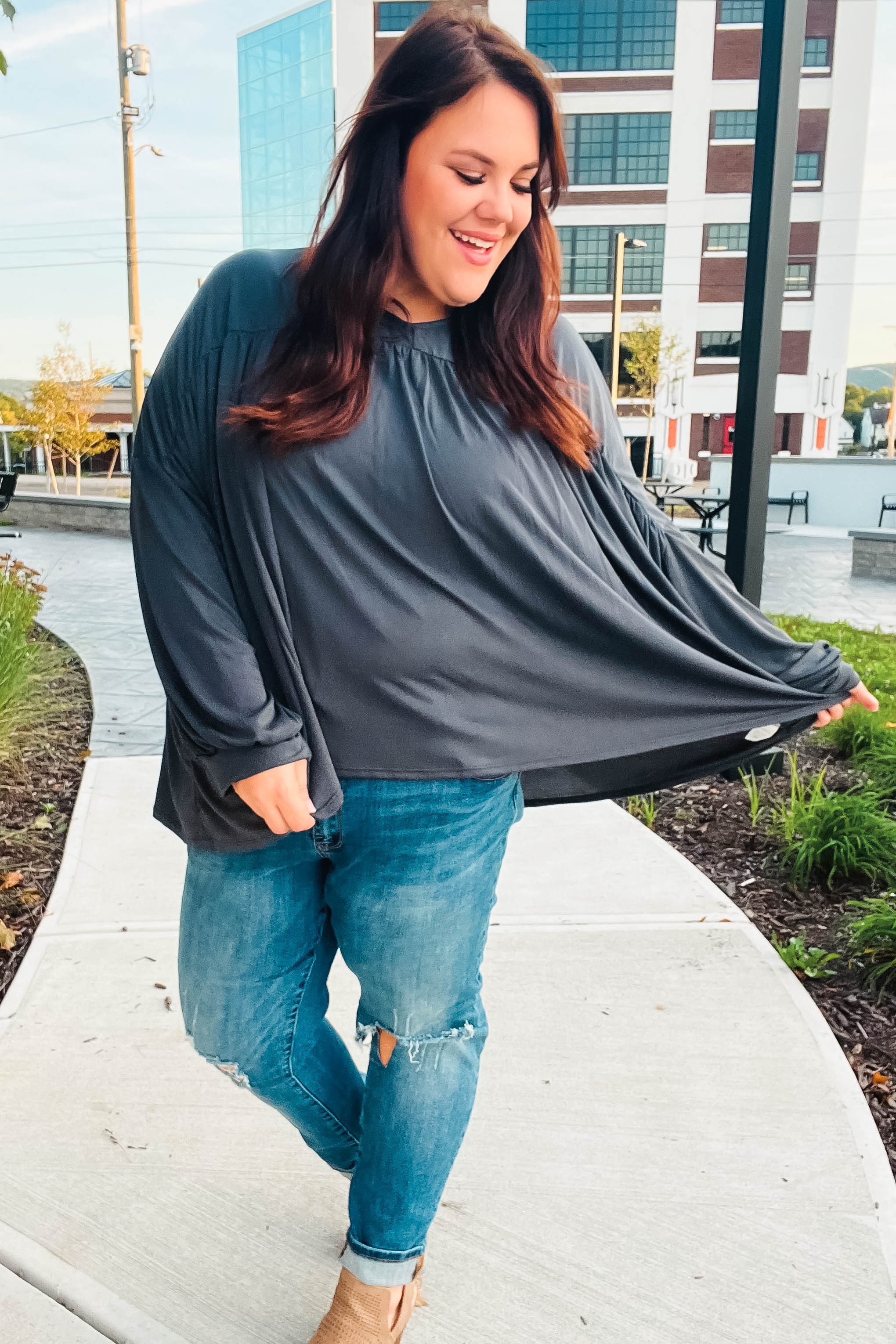 Haptics Casual Chic Charcoal V Neck Yoke Modal Knit Top Shirts & Tops