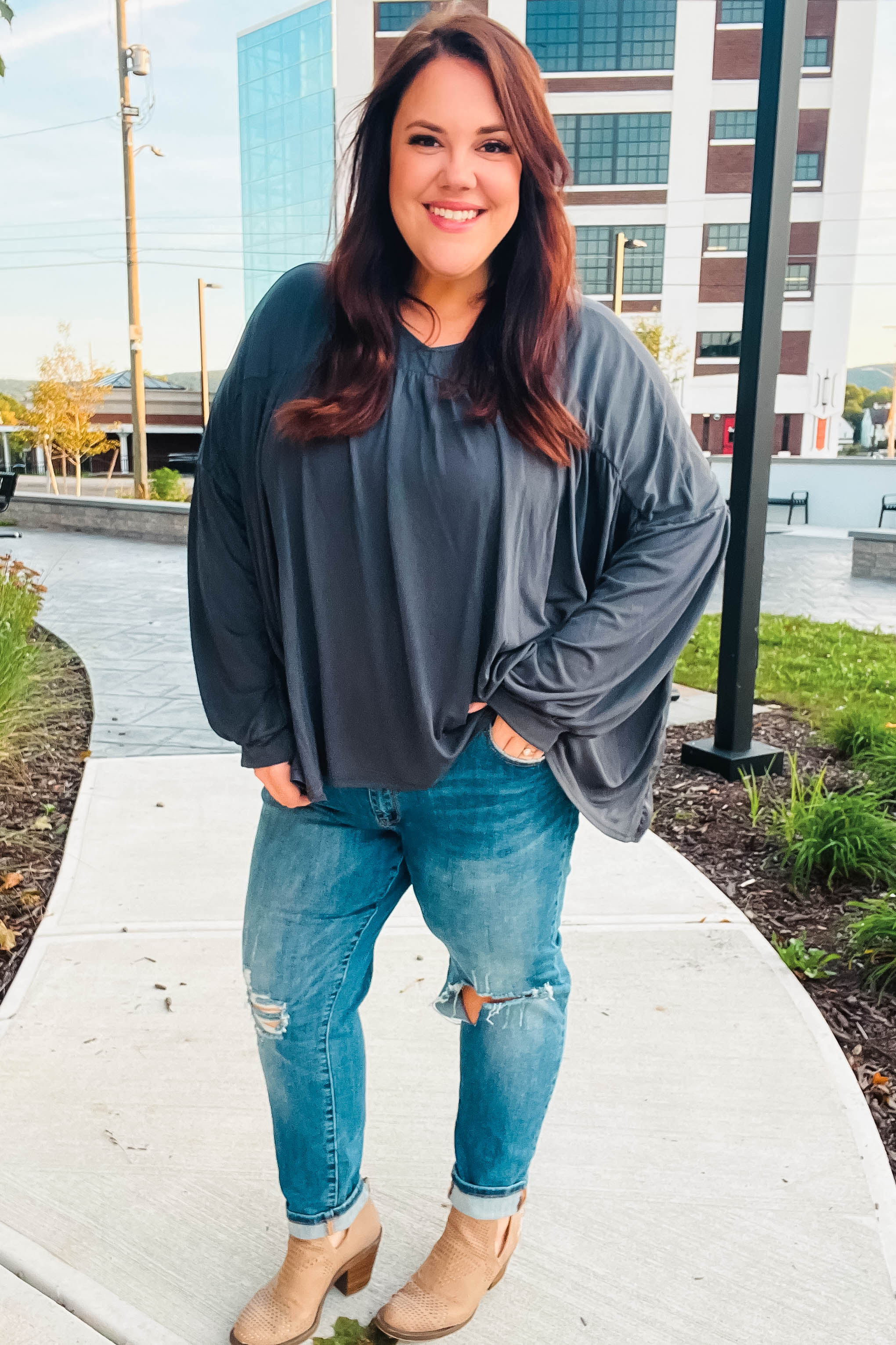 Haptics Casual Chic Charcoal V Neck Yoke Modal Knit Top Shirts & Tops