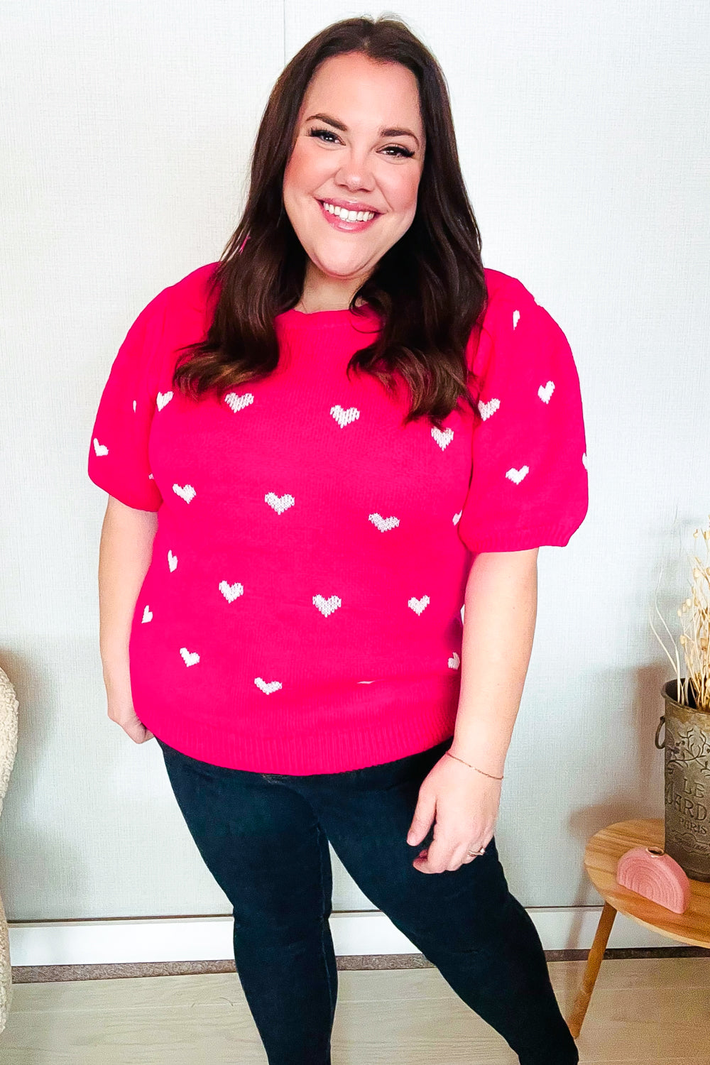 Haptics Be Mine Pink & White Heart Oversized Jacquard Sweater